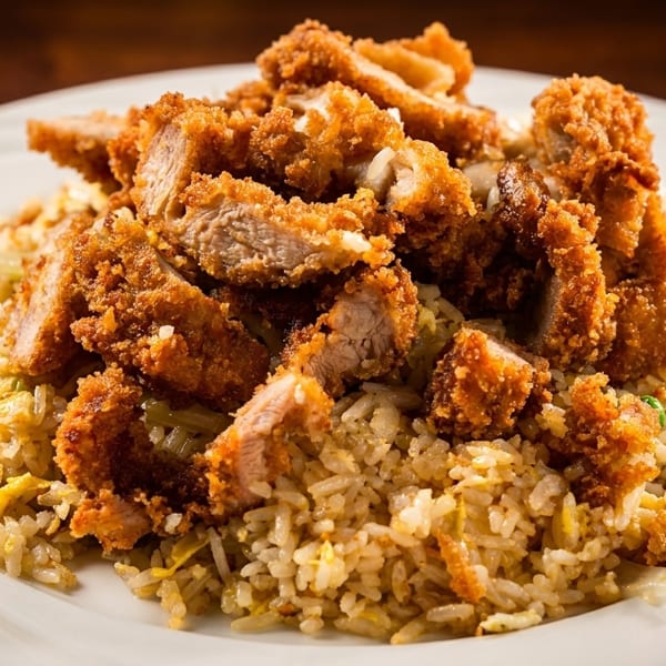 Crispy fried chicken pieces served over a bed of golden fried rice with peas and egg.