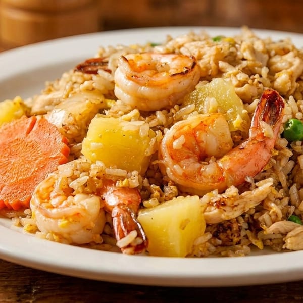 Shrimp fried rice with pineapple chunks, peas, and a carved carrot on a white plate.