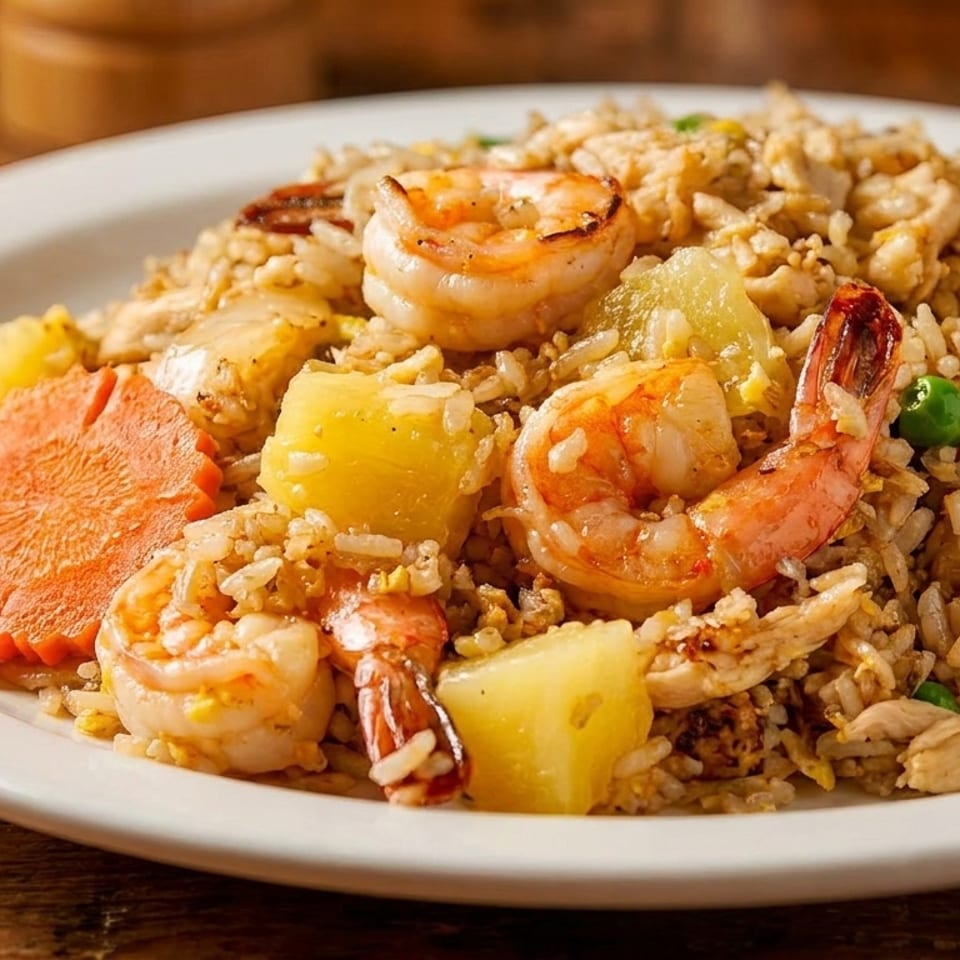 Shrimp fried rice with pineapple chunks, peas, and a carved carrot on a white plate.