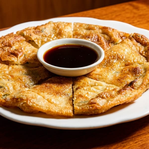 Golden-brown scallion pancakes, cut into wedges, served with a small bowl of dark dipping sauce.
