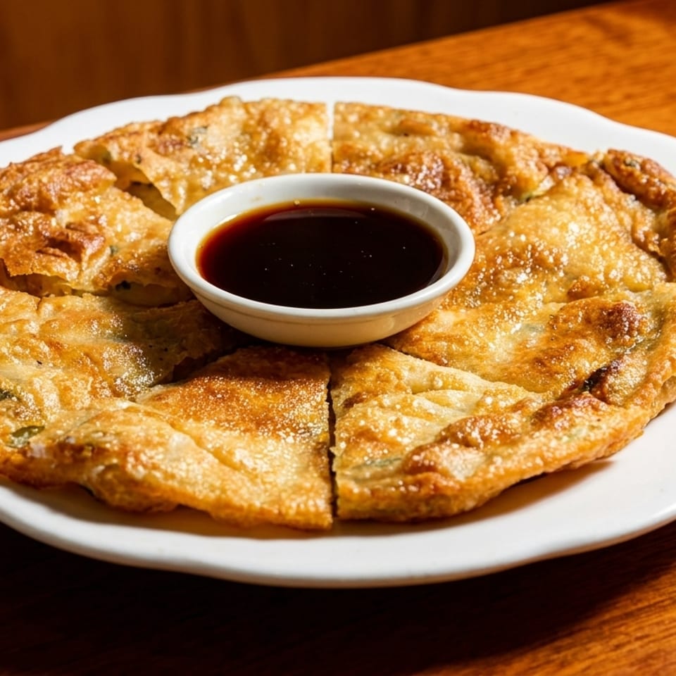 Golden-brown scallion pancakes, cut into wedges, served with a small bowl of dark dipping sauce.